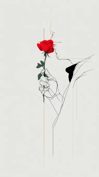 A simple line drawing of a womans hand holdimg a red rose minimalistic and elegant. The lines should be clean and bold on a white background, capturing Picasso's iconic doodle style, focusing more on simplicity and form than detail.