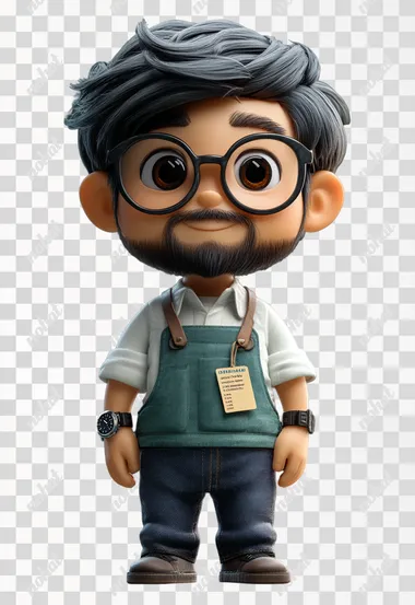 3D cartoon style, Pixar animated movie texture, 35 year old Asian designer male (black framed glasses/inch head/small beard), gray green linen apron, white shirt and black jeans underneath, Pantone color card necklace around the neck, electronic watch on the left hand  --s 350