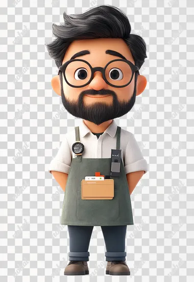 3D cartoon style, Pixar animated movie texture, 35 year old Asian designer male (black framed glasses/inch head/small beard), gray green linen apron, white shirt and black jeans underneath, Pantone color card necklace around the neck, electronic watch on the left hand  --s 350