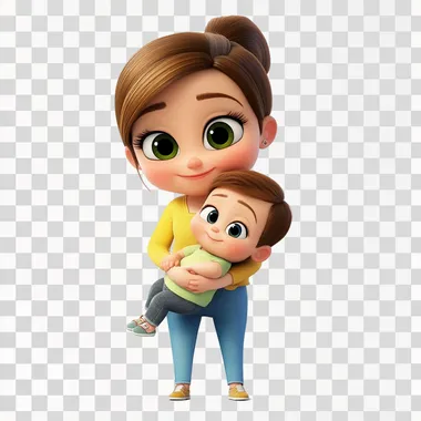 a cartoon mum with a baby son on a clean white background, Pixar style, 3d, cartoon