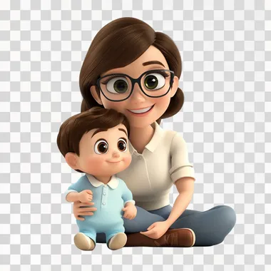 a cartoon mum with a baby son on a clean white background, Pixar style, 3d, cartoon
