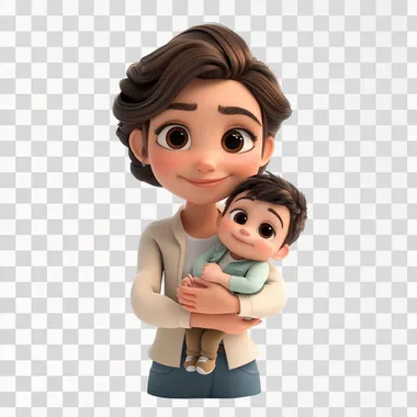 a cartoon mum with a baby son on a clean white background, Pixar style, 3d, cartoon
