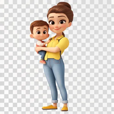 a cartoon mum with a baby son on a clean white background, Pixar style, 3d, cartoon