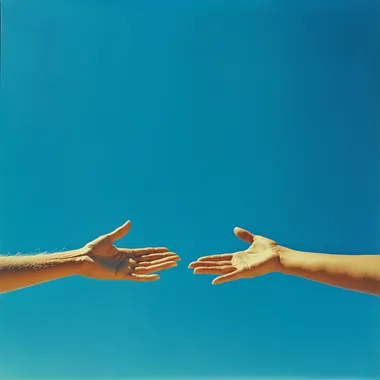 a Peaceful photo taken with kodachrome and a 28mm lens two arms of a person with latin skin streched up to the blue sky and crossing against each other with a blue sky on the back