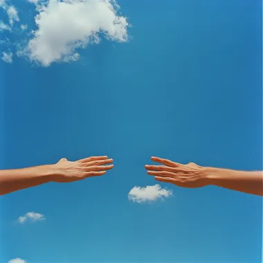 a Peaceful photo taken with kodachrome and a 28mm lens two arms of a person with latin skin streched up to the blue sky and crossing against each other with a blue sky on the back