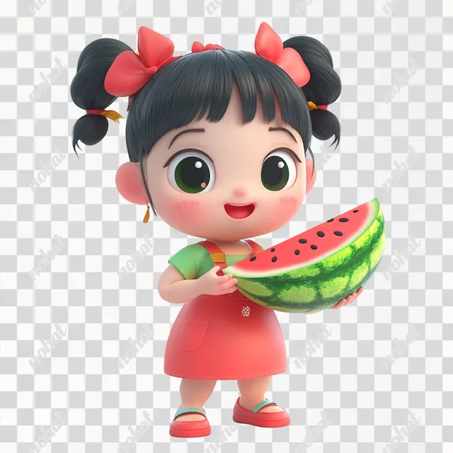 PNG Cute Nezha character playfully holding a watermelon slice indoors