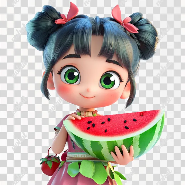 PNG Cute Nezha Character in Pixar Style Holding Watermelon in Garden