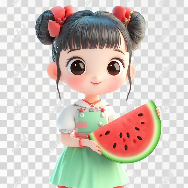 PNG Cute Nezha Girl Holding Watermelon in Playful Pixar Style Scene