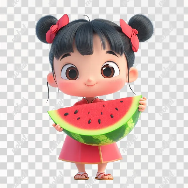 PNG Cute Nezha Character in Playful Pose with Watermelon in Garden
