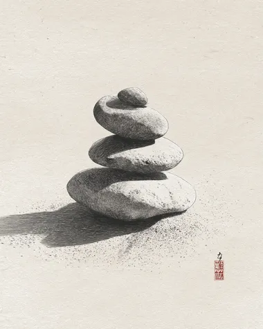 Japandi Zen art of stacked balancing stones on sand, simple but powerful vertical composition, soft gradients around. Created Using: pencil sketch with ink overlays, zen aesthetics, wabi-sabi structure, neutral shadows, delicate grain texture, refined simplicity, mindful design, clean space