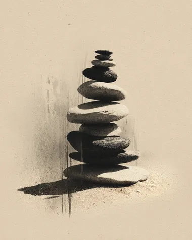 Japandi Zen art of stacked balancing stones on sand, simple but powerful vertical composition, soft gradients around. Created Using: pencil sketch with ink overlays, zen aesthetics, wabi-sabi structure, neutral shadows, delicate grain texture, refined simplicity, mindful design, clean space
