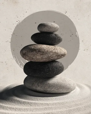 Japandi Zen art of stacked balancing stones on sand, simple but powerful vertical composition, soft gradients around. Created Using: pencil sketch with ink overlays, zen aesthetics, wabi-sabi structure, neutral shadows, delicate grain texture, refined simplicity, mindful design, clean space