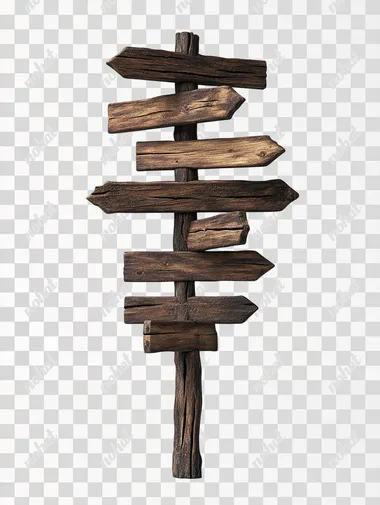Wooden signpost with ten (10) wooden rectangles pointing in different directions, hiper-realistic art on white background, high-resolution illustration, wood style, high-contrast black color illustration, simple shapes, simple details, white background,