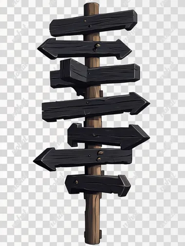 Wooden signpost with ten (10) wooden rectangles pointing in different directions, hiper-realistic art on white background, high-resolution illustration, wood style, high-contrast black color illustration, simple shapes, simple details, white background,