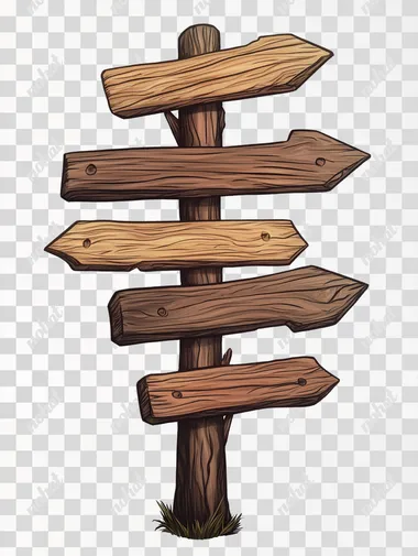 Wooden signpost with ten (10) wooden rectangles pointing in different directions, hiper-realistic art on white background, high-resolution illustration, wood style, high-contrast black color illustration, simple shapes, simple details, white background,