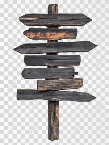 Wooden signpost with ten (10) wooden rectangles pointing in different directions, hiper-realistic art on white background, high-resolution illustration, wood style, high-contrast black color illustration, simple shapes, simple details, white background,