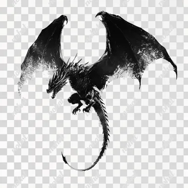 a black and white picture of a flying dragon on a plain white background