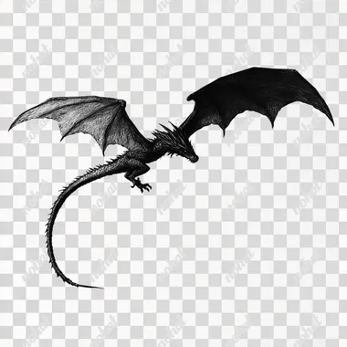 a black and white picture of a flying dragon on a plain white background