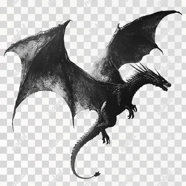 a black and white picture of a flying dragon on a plain white background