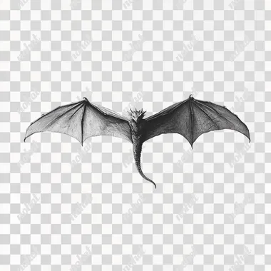 a black and white picture of a flying dragon on a plain white background