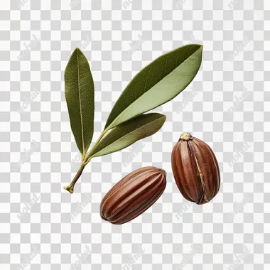 The image presents a strong contrast between the Jojoba and its shell, with an emphasis on their textures. The green leaf adds color to the composition against a white background