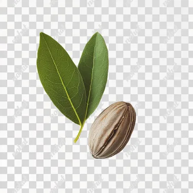 The image presents a strong contrast between the Jojoba and its shell, with an emphasis on their textures. The green leaf adds color to the composition against a white background