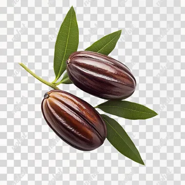 The image presents a strong contrast between the Jojoba and its shell, with an emphasis on their textures. The green leaf adds color to the composition against a white background