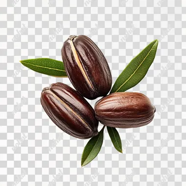 The image presents a strong contrast between the Jojoba and its shell, with an emphasis on their textures. The green leaf adds color to the composition against a white background