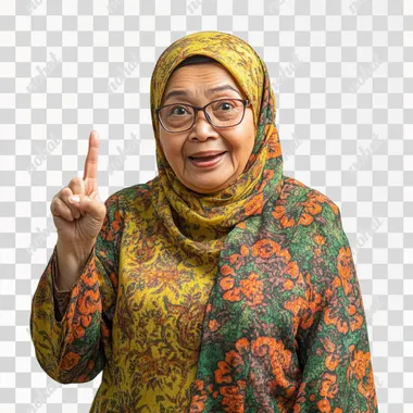 malay old lady wearing hijab and spec, excited face, show finger up