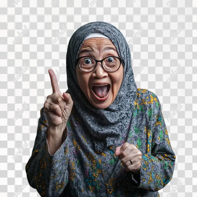 a woman wearing a headscarf and pointing a finger up
