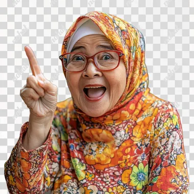 malay old lady wearing hijab and spec, excited face, show finger up