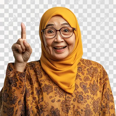 malay old lady wearing hijab and spec, excited face, show finger up
