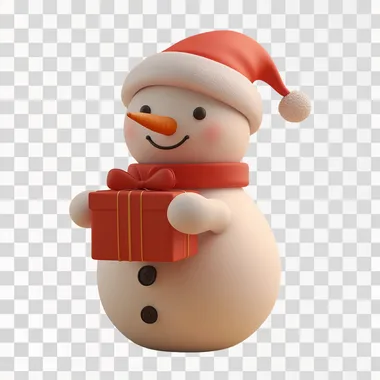 3D render of a Happy snowman holding a gift, character, full body, clay animation style, chibi style, simple, minimal, no details, clay material, art toy, soft sculpture no background