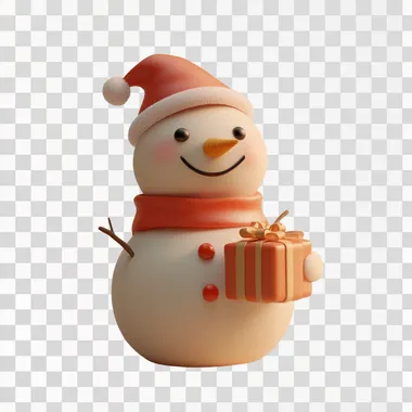 3D render of a Happy snowman holding a gift, character, full body, clay animation style, chibi style, simple, minimal, no details, clay material, art toy, soft sculpture no background