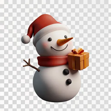 3D render of a Happy snowman holding a gift, character, full body, clay animation style, chibi style, simple, minimal, no details, clay material, art toy, soft sculpture no background