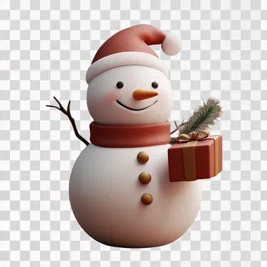 3D render of a Happy snowman holding a gift, character, full body, clay animation style, chibi style, simple, minimal, no details, clay material, art toy, soft sculpture no background