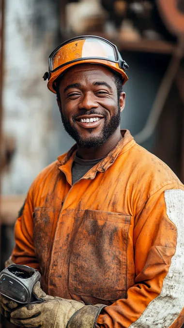 portrait cut view of a confident black male welder smiling. He's wearing an orange color protective orange suit with white stripes over the arms and the body. He is holding the safety glasses in his hand and wearing the helmet on his head. The scene background is softly blurred like 70mm lens was used   --s 230