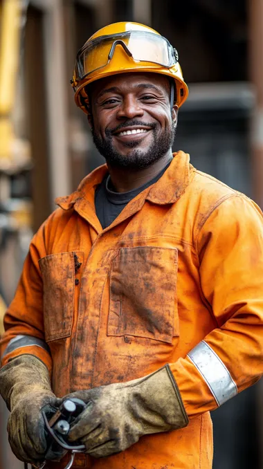 portrait cut view of a confident black male welder smiling. He's wearing an orange color protective orange suit with white stripes over the arms and the body. He is holding the safety glasses in his hand and wearing the helmet on his head. The scene background is softly blurred like 70mm lens was used   --s 230