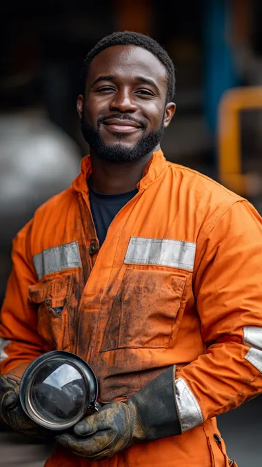 portrait cut view of a confident black male welder smiling. He's wearing an orange color protective orange suit with white stripes over the arms and the body. He is holding the safety glasses in his hand and wearing the helmet on his head. The scene background is softly blurred like 70mm lens was used   --s 230