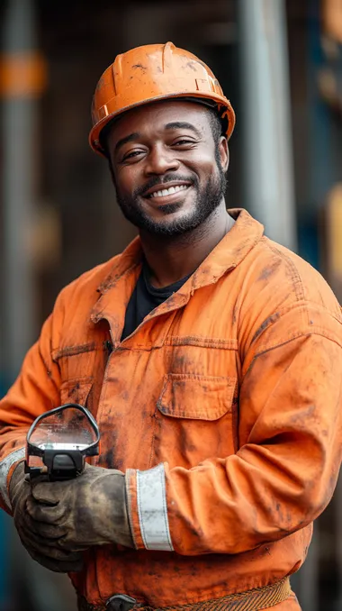 portrait cut view of a confident black male welder smiling. He's wearing an orange color protective orange suit with white stripes over the arms and the body. He is holding the safety glasses in his hand and wearing the helmet on his head. The scene background is softly blurred like 70mm lens was used   --s 230