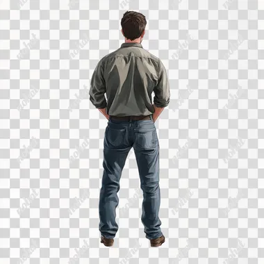 a realistic man standing and looking some where, should see from the back view without background
