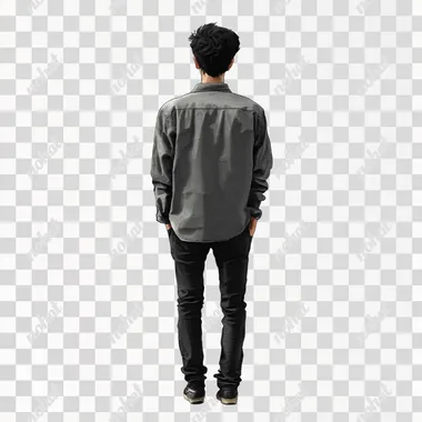 a realistic man standing and looking some where, should see from the back view without background