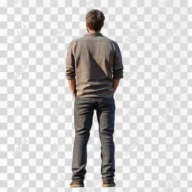 a realistic man standing and looking some where, should see from the back view without background