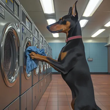 A realistic photo of a happy Doberman standing on its hind legs at a laundromat, carefully placing clothes into a front-loading washing machine. The laundromat has bright fluorescent lighting, rows of washers and dryers, and a tiled floor. The dog looks focused, its paw resting on the machines door. Photorealistic, well-lit, natural colors