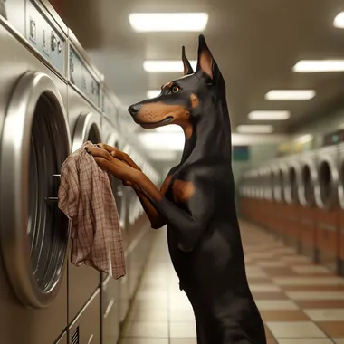 A realistic photo of a happy Doberman standing on its hind legs at a laundromat, carefully placing clothes into a front-loading washing machine. The laundromat has bright fluorescent lighting, rows of washers and dryers, and a tiled floor. The dog looks focused, its paw resting on the machines door. Photorealistic, well-lit, natural colors