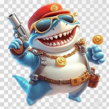 A cute shark game character wearing sunglasses, holding a toy gun in his right hand and a gold coin in his left hand. He smiles with teeth and has a gold necklace around his neck. The character also wears a red hat on his head and a gold ring necklace. Cute style, bright colors, high saturation, high resolution, white background,Uitro HD,high definition,picture perfect,no streaming, the overall design needs to look stylish --s 250