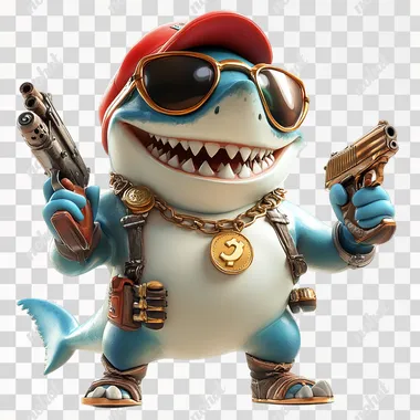 A cute shark game character wearing sunglasses, holding a toy gun in his right hand and a gold coin in his left hand. He smiles with teeth and has a gold necklace around his neck. The character also wears a red hat on his head and a gold ring necklace. Cute style, bright colors, high saturation, high resolution, white background,Uitro HD,high definition,picture perfect,no streaming, the overall design needs to look stylish --s 250