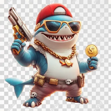 A cute shark game character wearing sunglasses, holding a toy gun in his right hand and a gold coin in his left hand. He smiles with teeth and has a gold necklace around his neck. The character also wears a red hat on his head and a gold ring necklace. Cute style, bright colors, high saturation, high resolution, white background,Uitro HD,high definition,picture perfect,no streaming, the overall design needs to look stylish --s 250
