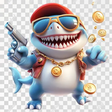A cute shark game character wearing sunglasses, holding a toy gun in his right hand and a gold coin in his left hand. He smiles with teeth and has a gold necklace around his neck. The character also wears a red hat on his head and a gold ring necklace. Cute style, bright colors, high saturation, high resolution, white background,Uitro HD,high definition,picture perfect,no streaming, the overall design needs to look stylish --s 250