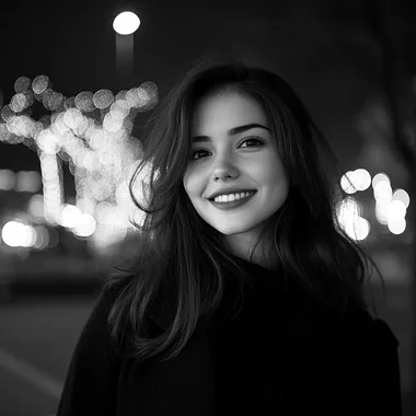 Realistic black and white photo happy girl with dark hair on the background of urban night landscape in black coat, atmosphere of joy and romance